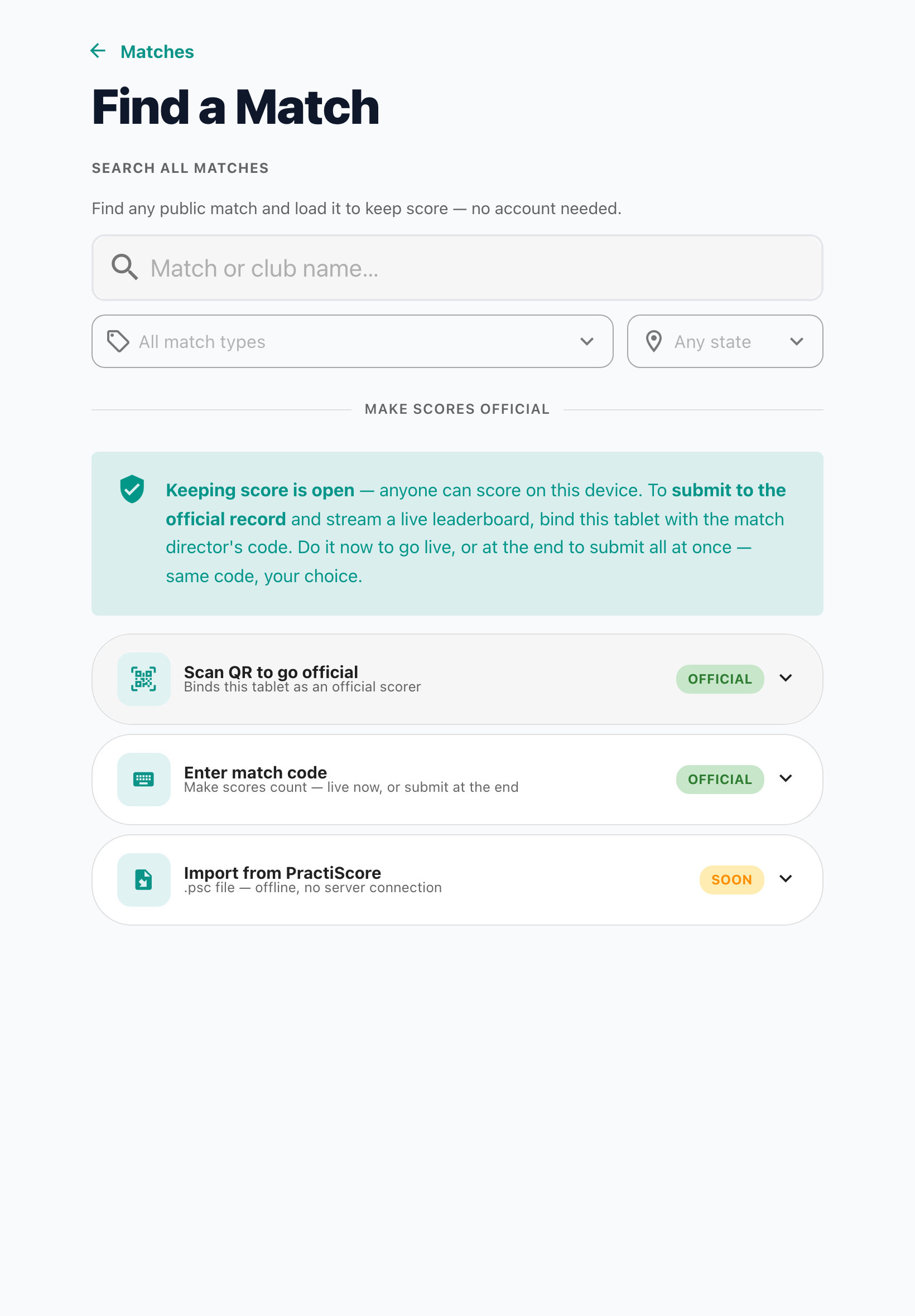 Find a Match screen with search, filters, and QR / code join options